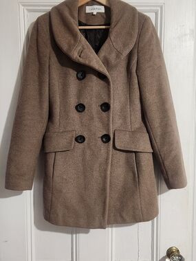 Calvin Klein Double-Breasted Taupe Wool Pea Coat
